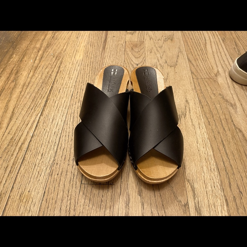 BJORK Swedish Comfort 
Women's EEVI Criss-Cross Leather Wooden Clog Sandals